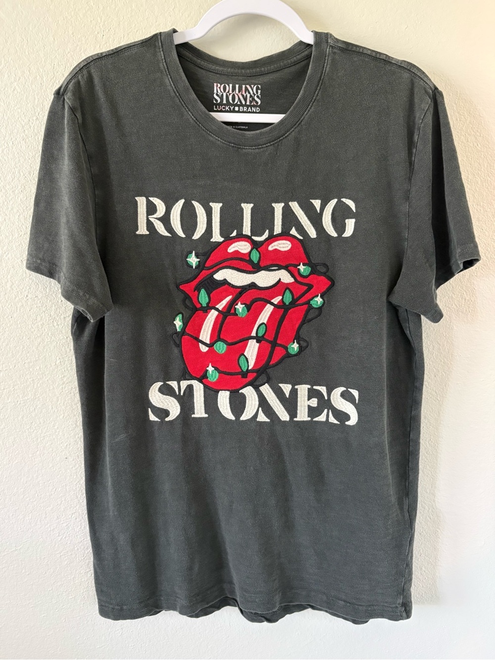 Lucky Brand Rolling Stones Holiday Lights Embroidered T-Shirt Charcoal Medium
